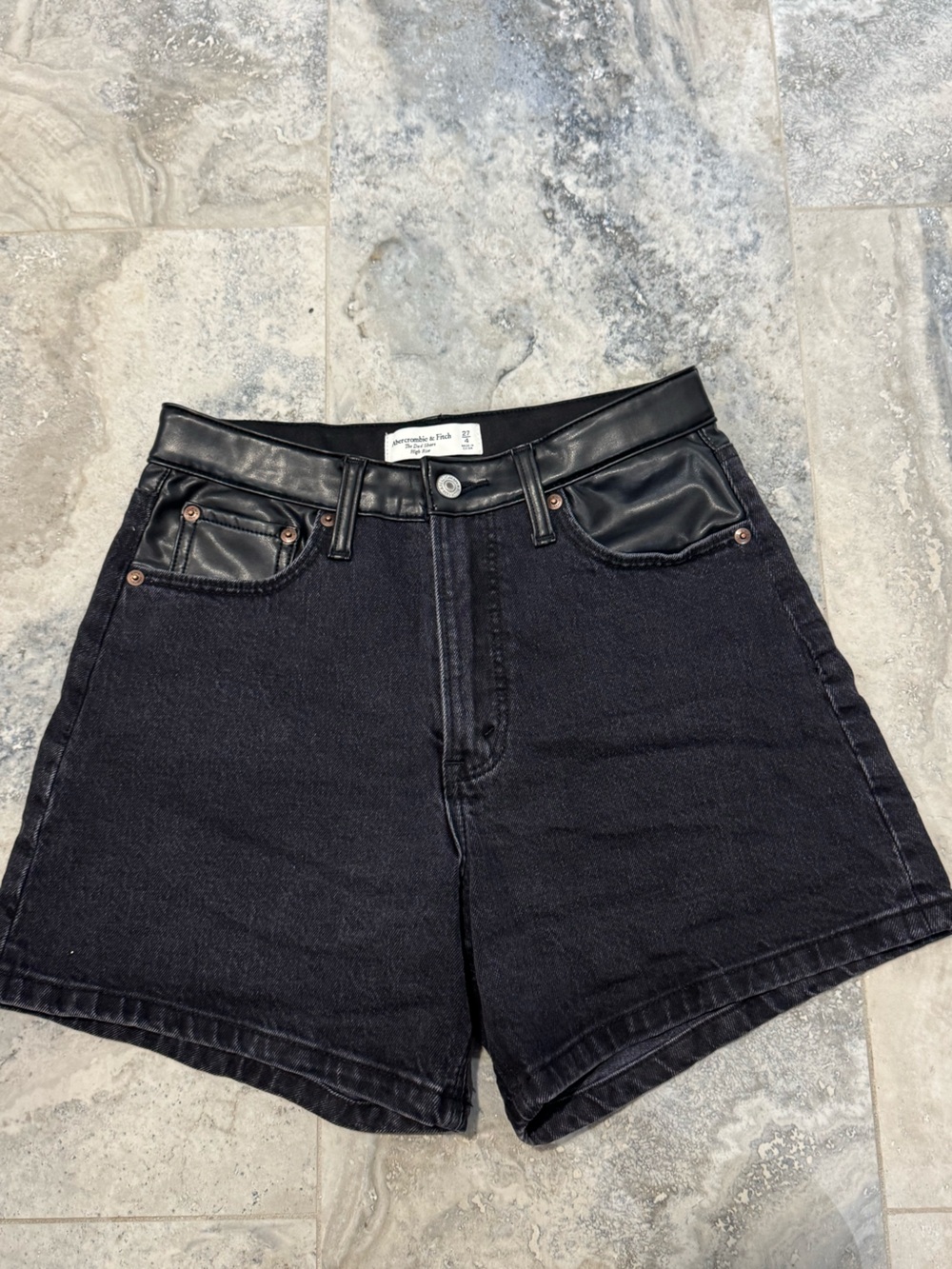 Abercrombie & Fitch Black High-Rise Denim Shorts with Faux Leather Trim
